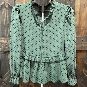 Hellie Dot Peasant Top L Green Ruffles Balloon Sleeves‎ Black Holiday Festival